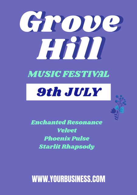 Promotional flyer design for Grove Hill Music Festival featuring event date and list of performing bands. Ideal for digital and print promotions. Use in social media posts, festival bulletins, email newsletters, and community noticeboards to attract attendees.
