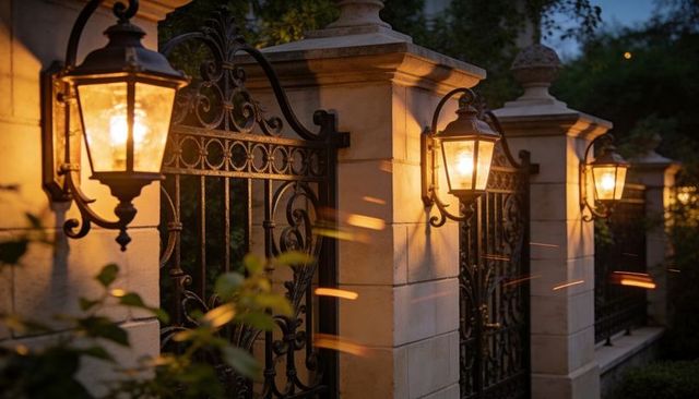Ornate wrought iron gate glowing under amber wall lanterns at twilight with ember trails