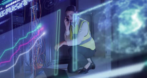 Woman in Server Room Analyzing Data with Holographic Interface