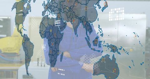 Engineer crossing arms behind digital map overlay in robotics lab analyzing global data