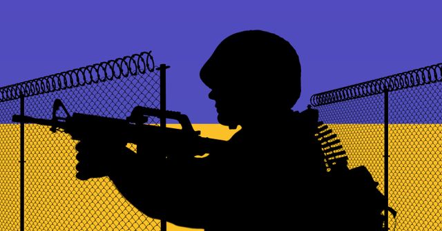 Silhouette of a soldier holding a gun in front of a barbed wire fence, set against a background with the colors of the Ukrainian flag. Suitable for illustrating topics related to military, security, defense, border control, and political conflict, especially focused on the Ukraine crisis.