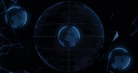 Holographic data globe displaying inner sphere and network mesh with glowing dots