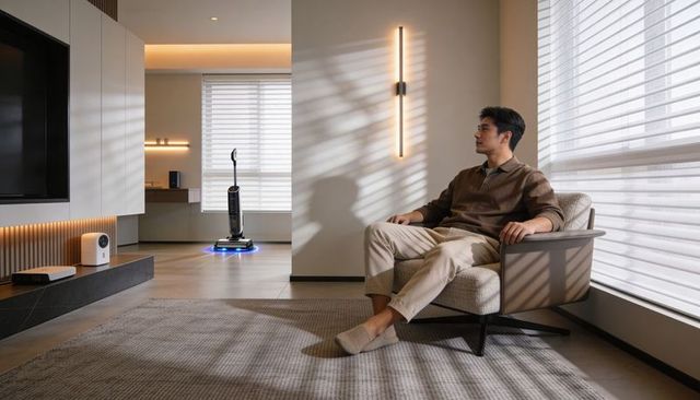 Serene asian man relaxing in modern minimalist living room with smart vacuum and blinds