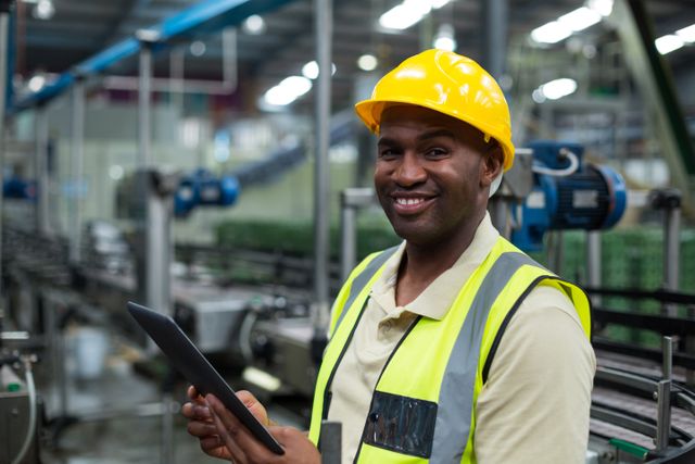 Portrait of smiling factory worker using a digital tablet in the factory
