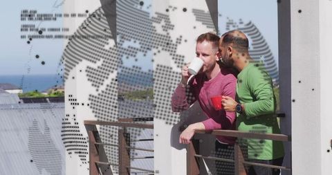 Friends Relaxing on Balcony with World Map Overlay