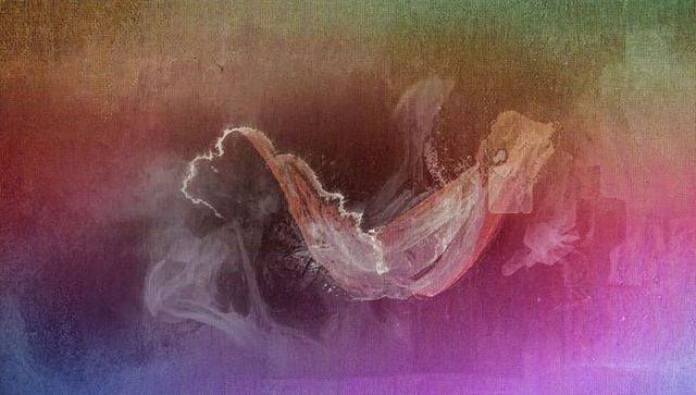 Translucent ribbon plume with glowing edge, painterly splatter and gradient textile texture