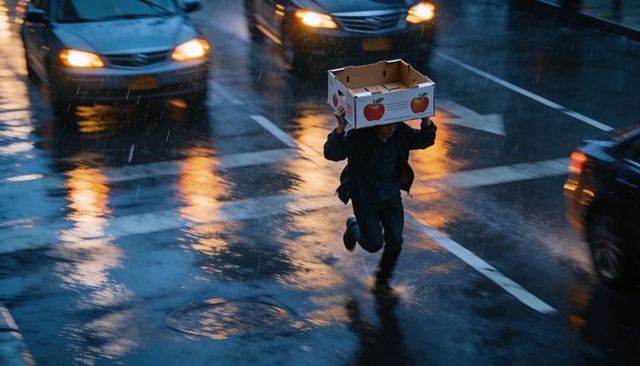 Running man shielding with produce box across rainy city crosswalk at dusk