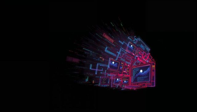 Neon data cluster radiating monitors and code in cyberpunk void, futuristic tech stream