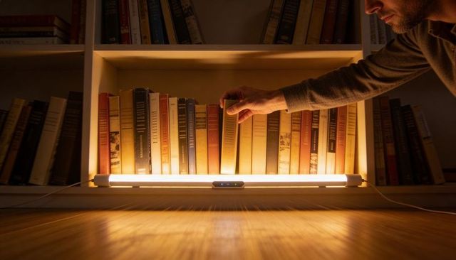 Man reaching bookshelf with warm under-shelf led tube lighting creating cozy evening mood