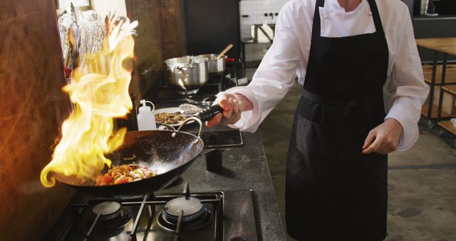 Chef Cooking in Professional Kitchen with Wok and Flames - Download Free Stock Images Pikwizard.com