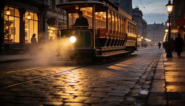 Gliding vintage wooden tram on wet cobblestone street at dusk with steam and streetlamps
