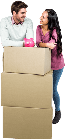 Smiling Couple Holding Boxes with Piggy Bank on Transparent Background