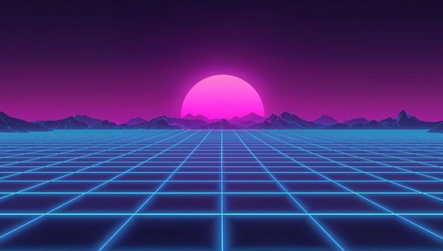 Neon sun over cyber grid landscape in retro synthwave style