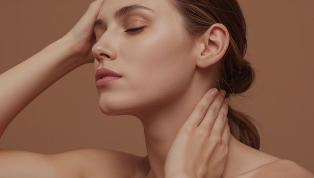 Serene woman touching forehead and neck with closed eyes, skincare beauty portrait