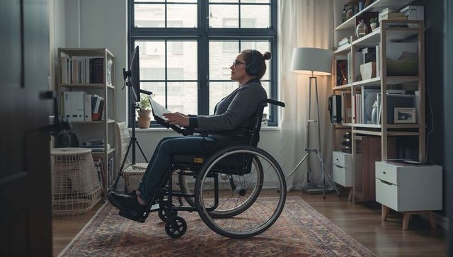Focused Woman Using Technology in Accessible Home Office Environment