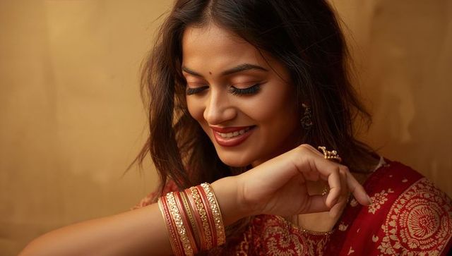 Smiling woman in red sari showing gold and red bangles, traditional jewelry closeup