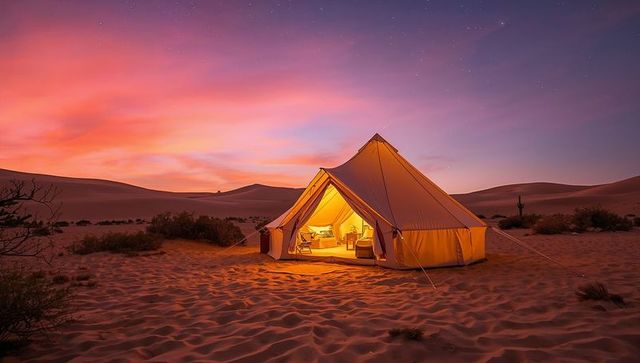 Luxury Desert Glamping Getaway Under Vibrant Twilight Sky