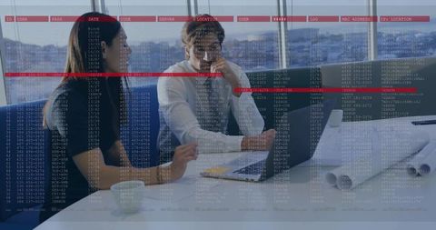 Business team collaborating on laptop with cybersecurity code overlay and waterfront view