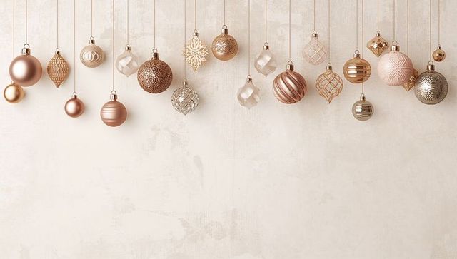 Rose gold and champagne hanging christmas ornaments on neutral textured background
