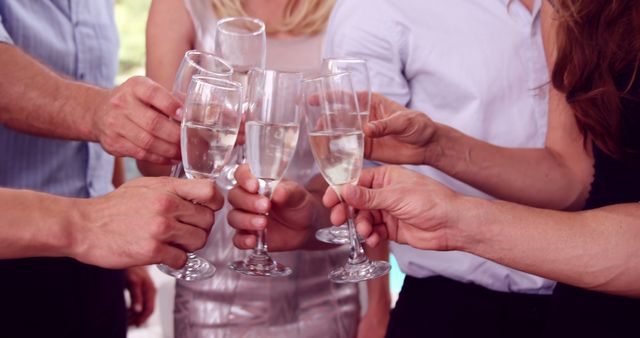 Group of people toasting with champagne flutes during a celebration. Perfect for illustrating social events, festive gatherings, and happy occasions.