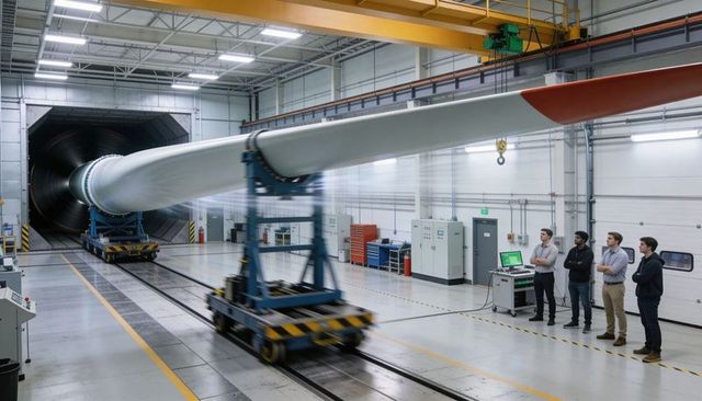 Engineering team testing giant wind turbine blade inside aerodynamic test chamber