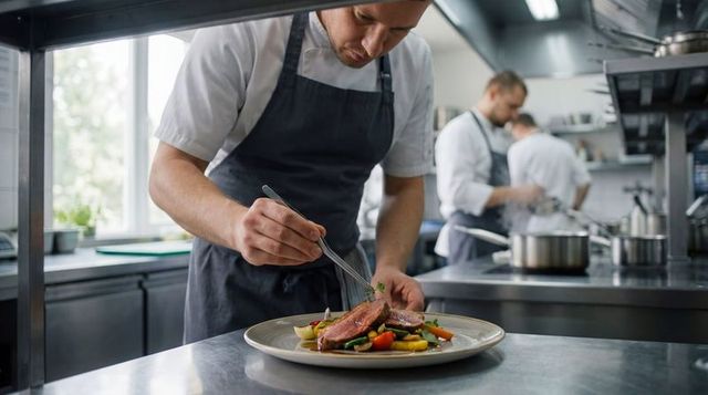 Chef plating gourmet meat with microgreens in professional restaurant kitchen