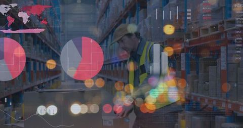 Warehouse Worker Analyzing Logistics Data in Digital Overlay