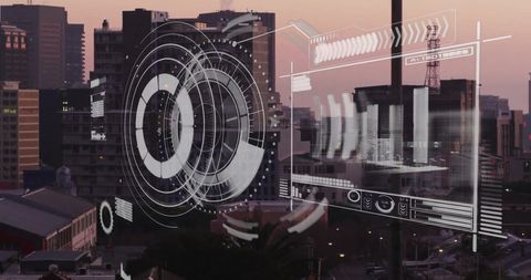 Digital financial analysis interface over urban skyline
