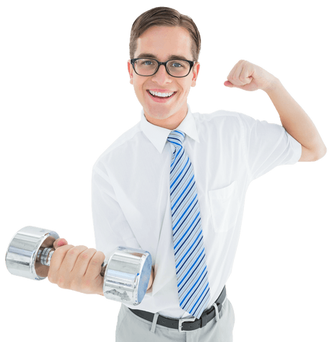 Happy businessman lifting dumbbell with transparent background
