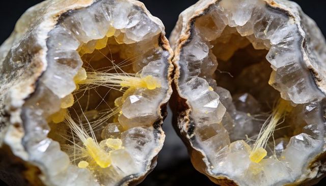 Geode halves revealing quartz crystal cavity with yellow fibrous mineral macro