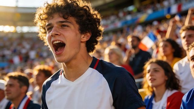Curly-haired male fan cheering in packed stadium during golden hour, crowd celebrating