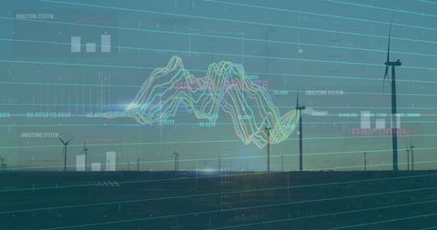 Futuristic Wind Turbines with Digital UI and Sunrise