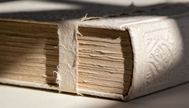 Handmade deckled-edge book with embossed spine and torn fiber band, vintage texture
