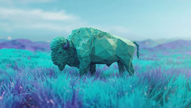 Low-poly teal bison grazing in surreal turquoise meadow
