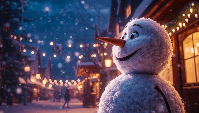 Cheerful snowman on snowy alpine street with festive lights