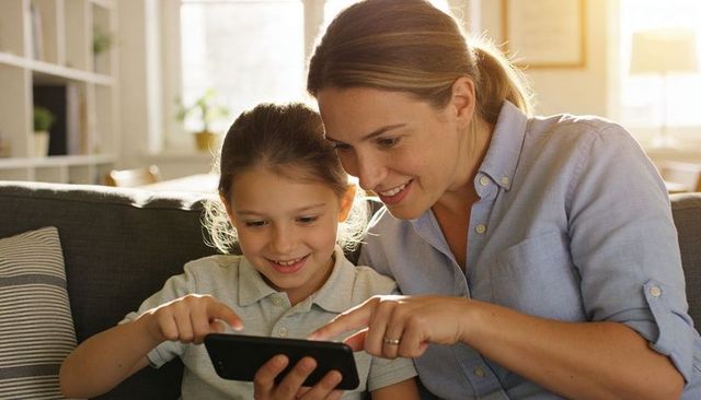 Mother guiding daughter tapping smartphone on sofa during sunlit family learning moment