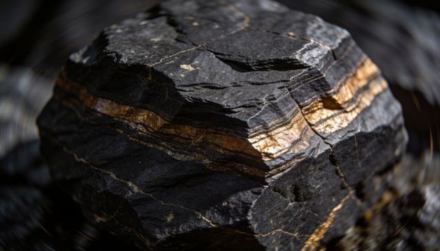 Dark mineral rock revealing metallic gold veins under macro dramatic lighting