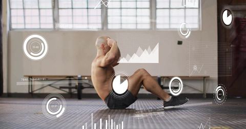 Shirtless man performing sit-up with ar fitness overlays in gym wearing black shorts shoes