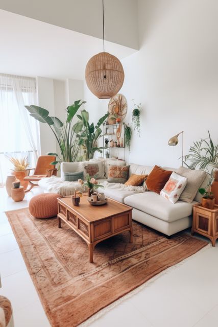 Cozy Bohemian Living Room with Indoor Plants and Rattan Decor - Download Free Stock Images Pikwizard.com