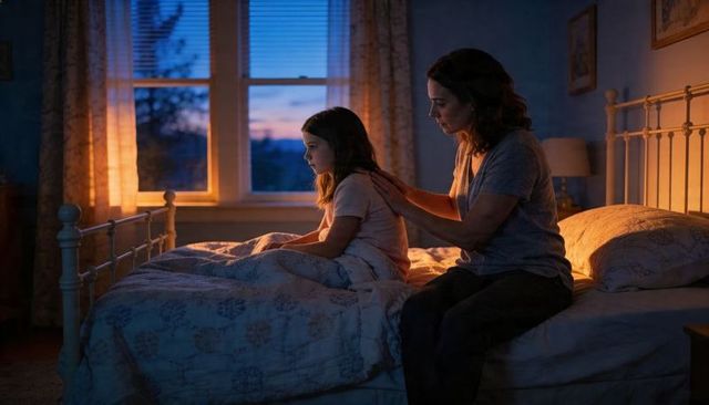 Mother Comforting Daughter at Bedtime, Soothing Child on Metal Bed in Warm Dusk Light