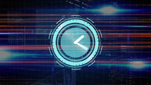 Futuristic Digital Clock Interface with Data Graphics