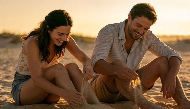 Couple playing with sand at sunset on beach — romantic golden hour moment