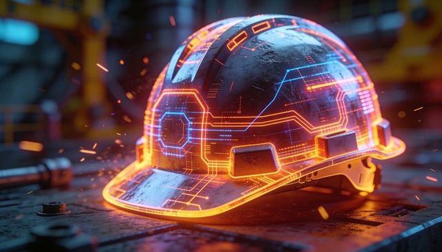 Futuristic construction helmet glowing with neon holographic circuit overlay