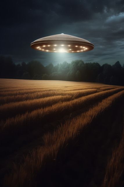 Lit ufo hovering above field at night, created using generative ai technology - Download Free Stock Photos Pikwizard.com