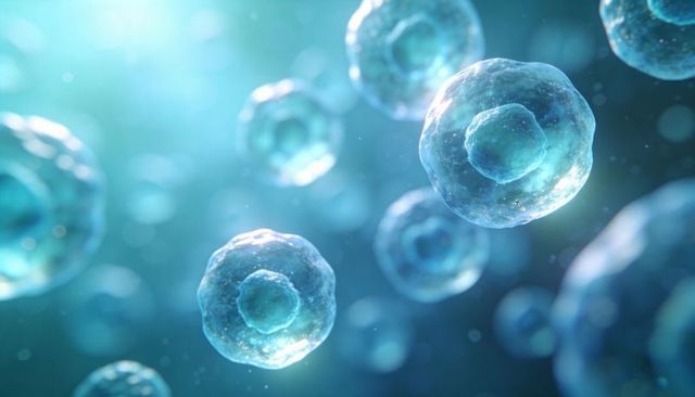 Floating translucent cells with visible nuclei in blue microscopic background
