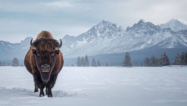 Majestic american bison standing on snowy plain with towering mountain range backdrop