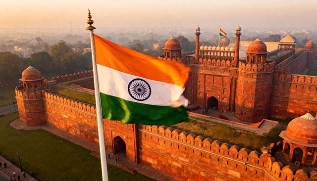 Aerial indian flag fluttering above red fort at sunrise over historic mughal citadel