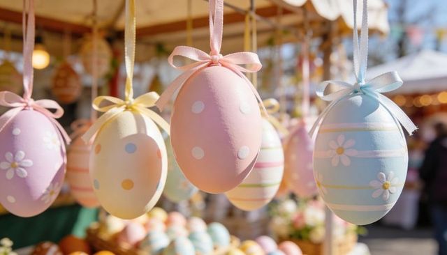 Hand painted pastel Easter eggs hanging on ribbons catching sunlight at outdoor stall