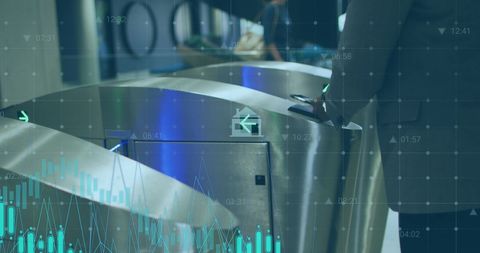 Businessman using airport gate with financial data overlay