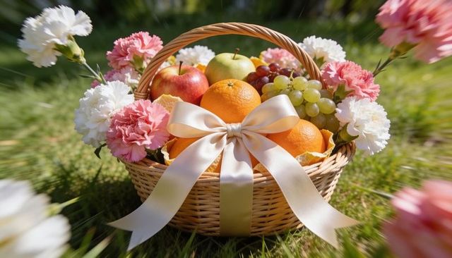 Wicker fruit gift basket with satin bow, oranges apples grapes and carnations for garden